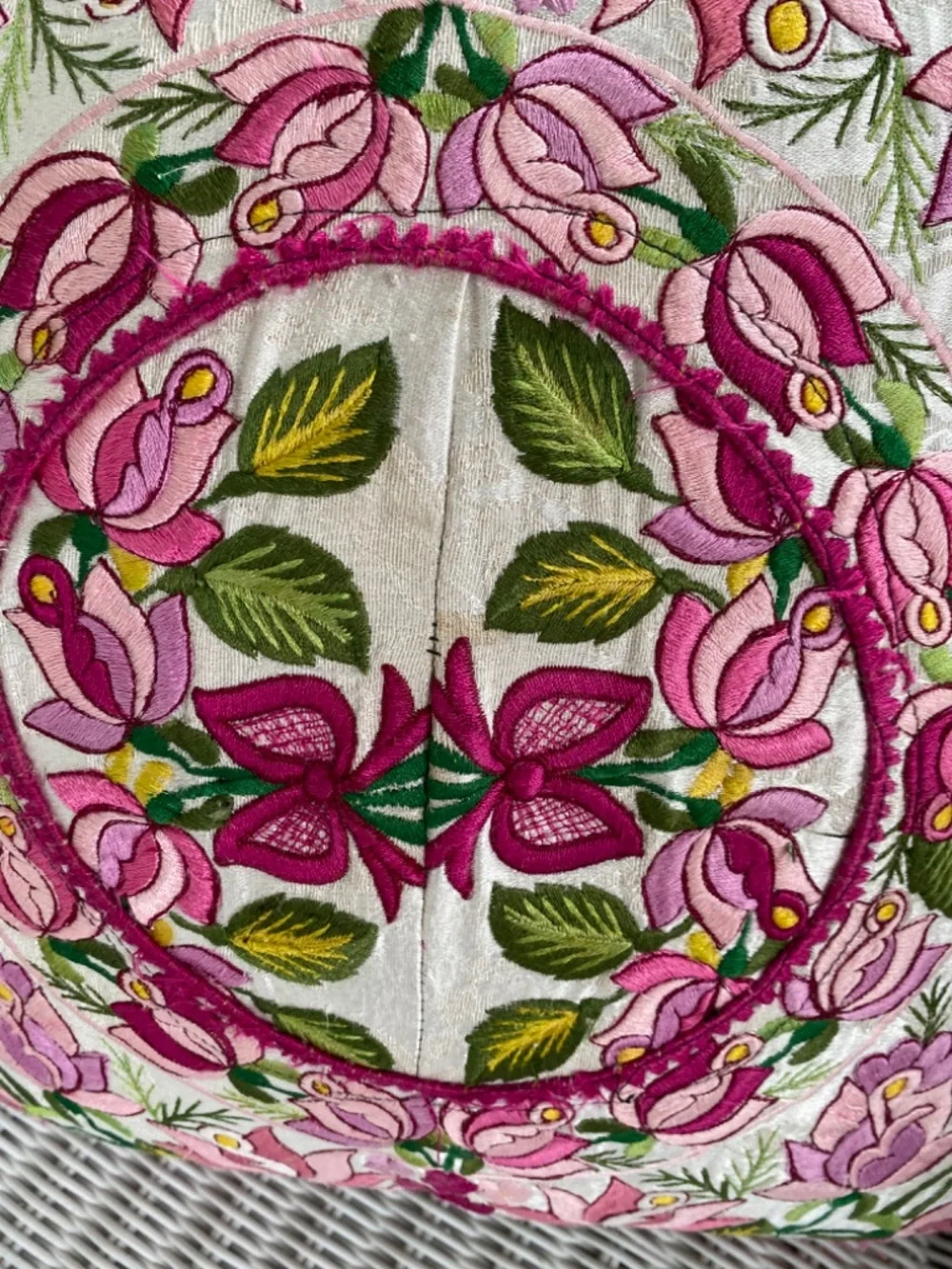 Flowered Pillow, Cushion, Embroidered Asian Design. Square. Washable. Zipper